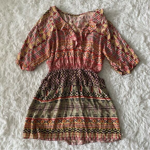 Rebecca Minkoff Multicolored Boho Ruffle Collar Mini Dress 100% Silk Size XS - Picture 7 of 13